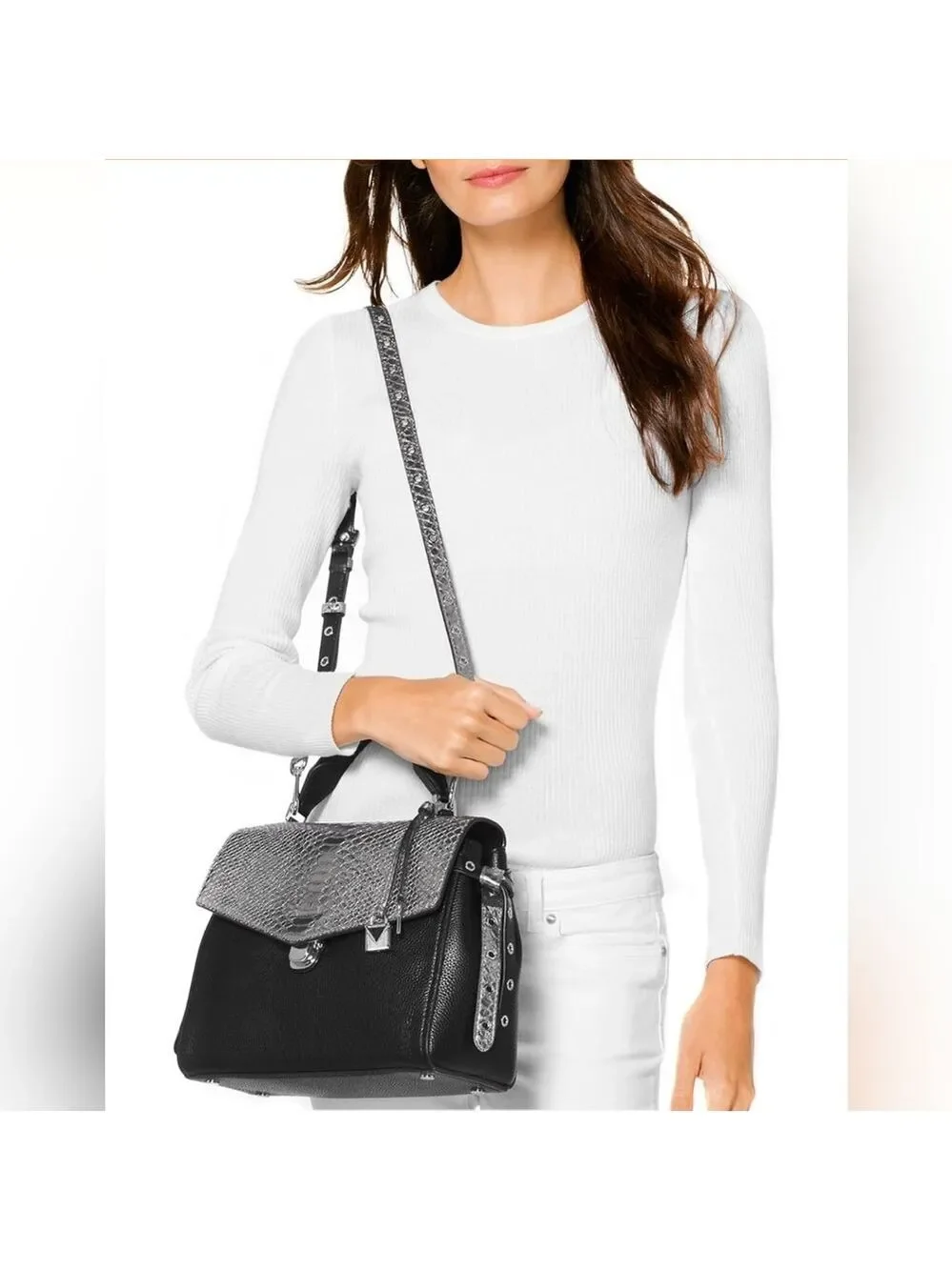 Michael Kors Black Silver Bristol Flap Satchel hand Bag‎ Crossbody Snakeskin